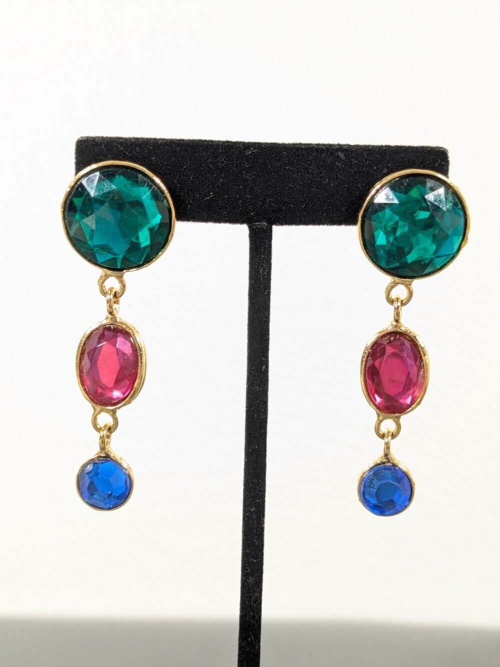 Retro Jewel Tone Dangle Earrings Gold Tone Green Pink Blue Bold Statement